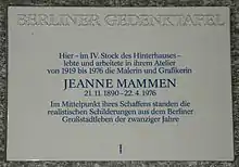Jeanne Mammen (* 21. November): Gedenktafel in Berlin