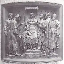 Bernward übernimmt die Erziehung Ottos&nbsp;III. (in der Mitte Theophanu)