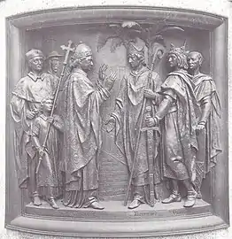 Bernward von Sylvester&nbsp;II. in Rom begrüßt (an seiner Seite Otto&nbsp;III.)