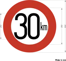 Verbot höherer Geschwindigkeit als 30 km je Stunde (1934) bzw. Verbot der Über­schrei­tung bestimmter Fahr­geschwindig­keiten (1938);gültig bis 1955 in der BRD und bis 1956 in der DDR