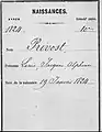Eintrag der Geburt seines Sohnes Louis Jacques Alphonse Prévost