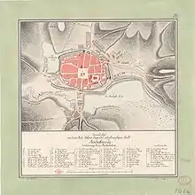 Stadtplan von 1793 mit verzeichnetem Originalstandort der Meilen Saeule vor dem Bautzner Thor
