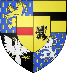 Wappen Graf Adolfs von Saarwerden mit den Grafschaften Nassau, Moers, Saarwerden, Saarbrücken und im Herzschild Lahr-Mahlberg, 1551
