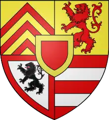 Wappen der Grafschaft Hanau-Lichtenberg bis 1642: Quadranten: Grafschaft Hanau, Grafschaft Zweibrücken, Herrschaft Lichtenberg, Herrschaft Ochsenstein; Mittelschild: Herrschaft Bitsch