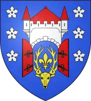 Sechs Fünfblätter im Wappen der französischen Gemeinde La Ferté-Saint-Aubin mit weiterer Wappenfigur