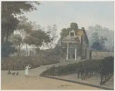 Bloemisterij van A.C. en H. van Eden, tuin met tuinhuisje (Wagenweg),  1835–1840