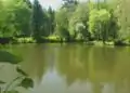 Inselsteich mit der Insel und der Statuensockel im Hintergrund