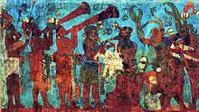 Der Maisgott (ohne Maske) sitzend vor einem Aufzug von Musikanten und Tänzern in Bonampak, Wandmalerei, Spätklassik um das Jahr 790