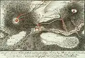 Karte um 1850 mit Borsberg&nbsp;(a), künstlicher Ruine&nbsp;(b), Meixmühle &nbsp;(c), Wasserfällen&nbsp;(d) und Rosenhügel&nbsp;(e)