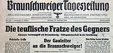 Braunschweiger Tageszeitung 1944. Zeitungskopf vereinfachte Textura (von 1931?), Text in Antiqua (seit 1941?)