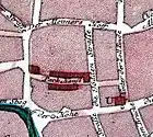 Ausschnitt aus dem Stadtplan von A.H.C. Conradi um 1755: Im Zentrum das Pack Hauß, nördlich davon der Der Meimers Hoff, in diesen einmündend die Jödden Straße.