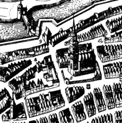 Auszug Merianplan  1641: Ansgariikirche, links davon das spätere Gewerbehauses