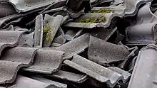 Ein Haufen von Betondachsteinen, die Oberflächenbeschichtung ist großteils durch Verwitterung nicht mehr vorhanden. In einigen Dachsteinen wächst bereits Moos.