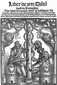 Titelblatt des Großen Destillierbuchs. 1512. Vorrichtung zur Destillation von Branntwein