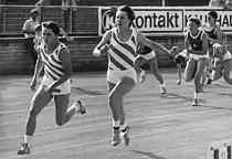 Die Bronzemedaillengewinnerin von 1982, damals als Sabine Rieger, und EM-Siebte von 1986 Sabine Günther (vorne rechts) kam auch hier wieder auf den siebten Platz