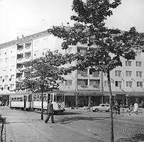 Schmalspurzug 1960 auf der Wilhelm-Pieck-Straße (heute Theaterstraße)