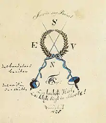 Entwurfszeichnung mit Korrekturanmerkungen für ein Bundeszeichen des Corps Suevia, damals noch in Landshut, 1825