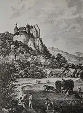 Burg und Dorf Egloffstein auf einem Holzstich von E.&nbsp;Hofmann (um 1880)