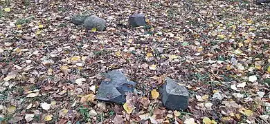 Steine (Basalt, vermutlich von Gebäuden) und halbzerstörte Blidenkugel (heller, Granit) auf dem Burgplateau
