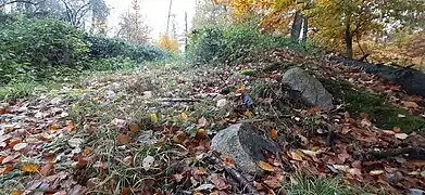 Der flachere Burggraben im Nordosten mit großen Steinen im äußeren Burgwall
