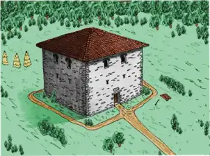Bacharnsdorf (Wachau): Rekonstruktionsversuch des Burgus (Stand 1985), Ansicht von Nord-Ost