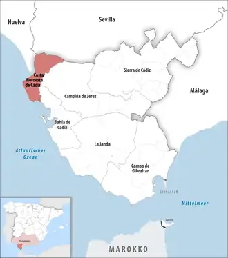 Die Lage der Comarca Costa Noroeste de Cádiz in der Provinz Cádiz