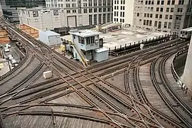 Historische höhengleiche Streckenkreuzung mit Stellwerk bei der Chicago&nbsp;Elevated