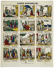 Ein Notenblatt mit vier mal drei Abbildungen, von denen jedes den Inhalt eines Verses von Cadet Rousselle aufgreift