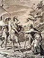 Calaïs und Zetes befreien Phineus von den Harpyien, Kupferstich von Bernard Picart, 18. Jahrhundert