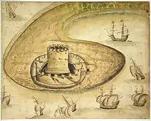 Calshot Castle 2012 (links) und in einem Grundriss von 1539 (rechts); für den Bau der Burg wurden Baumaterialien aus der Auflösung der nahegelegenen Beaulieu Abbey verwendet.