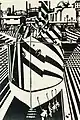 Camouflaged ships in dry dock (E. Wadsworth, 1918 als Holzschnitt)