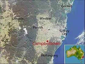 Karte von Australien, Position von Campbelltown hervorgehoben