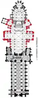 Kathedrale von Canterbury: Trinity Chapel („oben“) früh­gotisch, Chor samt Ost­quer­haus zu­vor früh­gotisch umge­baut, West-Quer­haus und Langhaus spätgotisch