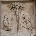 Reliefs der Sockelzone, Szenen aus dem Buch Genesis, links.  Der Sündenfall.
