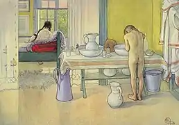 Körperreinigung an einem Waschtisch (Gemälde von Carl Larsson, 1908)