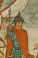 Karolingischer Krieger (Vivian-Bibel, Mitte 9.&nbsp;Jahrhundert). Der Kammhelm mit breiter Krempe ist auch in anderen Manuskripten dieser Zeit abgebildet