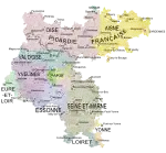 Links die Île-de-France am Vorabend der Revolution mit ihren alten Bezirken. Rechts die heutige Gebietseinteilung der entsprechenden Gebiete in Départements.
