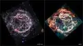 Zwei Aufnahmen mithilfe der Infrarot­kameras NIRCam (1,6–4,4&nbsp;µm) und MIRI (5,6–25&nbsp;µm) des James Webb-Weltraumteleskops