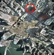 Luftaufnahme vom Ground zero im November 2001,der Standort von Saint-Pauls-Chapel ist rot umrandet