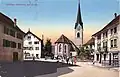 Links das «Rössli» mit verputzter Fassade, um 1910