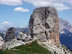 Der Torre Grande von Westen: Vorgelagert Cima Ovest, dahinter Cima Nord (links) und Cima Sud (rechts).