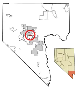 Lage von Winchester im Clark County (links) und in Nevada (rechts unten)