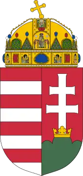 Krone über den Schild (Stephanskrone) und über ein Kreuz gezogen (Ungarn)