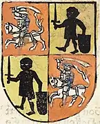 Wappen von Vytautas dem Großen mit dem stehenden Ritter von Kęstutaičiai und Vytis (Waykimas), das während des Konstanzer Konzils verwendet wurde. Gemalt von Ulrich von Richental, 15. Jahrhundert.