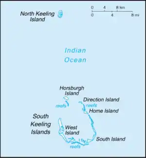 Karte der Kokosinseln mit Lage von North Keeling (oben)