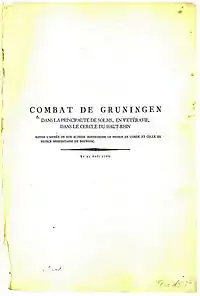 „Combat de Gruningen“, Titelblatt eines vierseitigen Drucks, 1762, 24,5&nbsp;×&nbsp;36,5&nbsp;cm