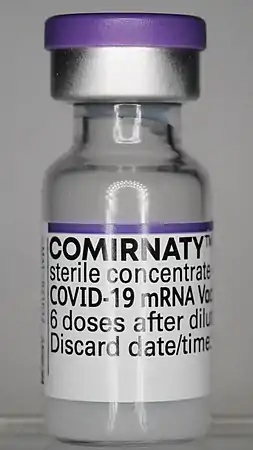 Ungeöffnete und mit einem violetten Deckel versiegelte Phiole mit dem aufgetauten und noch unverdünnten mRNA-basierten COVID-19-Impfstoff des Handelsnamens Comirnaty. Die Höhe beträgt 40 Millimeter und der Außendurchmesser 16 Millimeter.