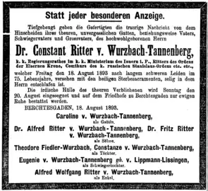 Todesanzeige für Constant v.&nbsp;Wurzbach-Tannenberg