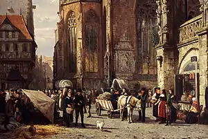 Szene auf dem Altstadtmarkt in Braunschweig, Gemäldeausschnitt von Cornelis Springer, 19. Jahrhundert.