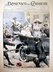 Dem Attentat von Sarajevo am 28. Juni 1914 – links in einer nicht ganz exakten zeitgenössischen Darstellung – folgten die Julikrise und wechselseitige Mobilmachungen, rechts die Anordnung der französischen Mobilmachung zum 2. August 1914